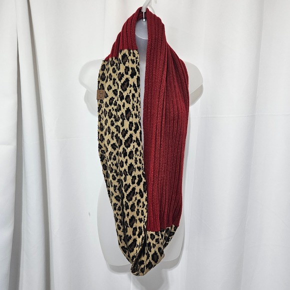 C.C. Beanie Accessories - CC Beanie Red Ribbed and Leopard Print Knit Infinity Scarf Women chunky mob wife